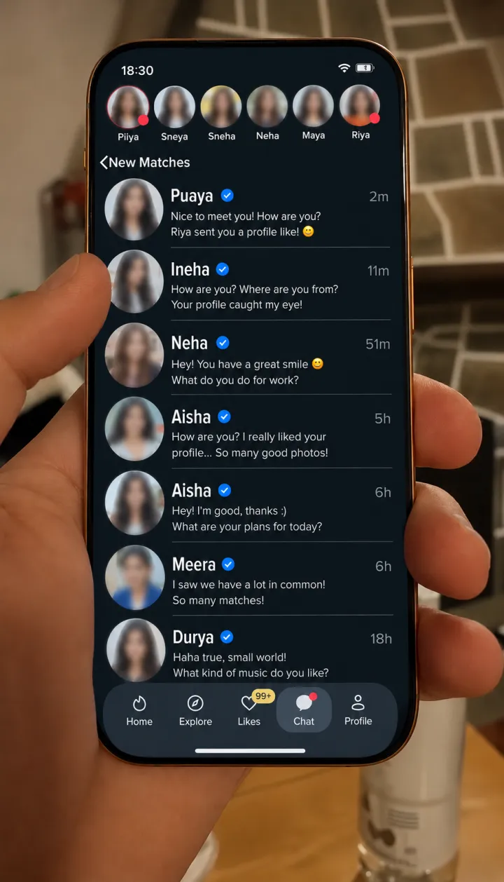 A phone showing a dating app full of new matches
