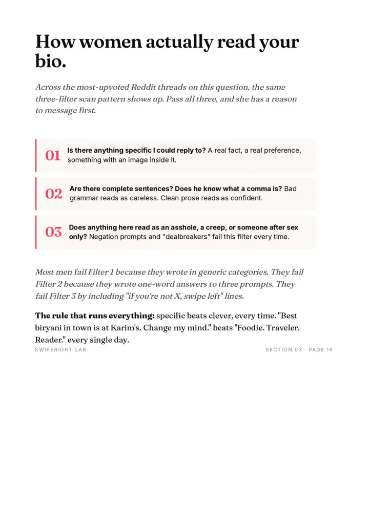 Sample page from the bio templates section: the Hinge prompt cheatsheet with USE and AVOID columns.