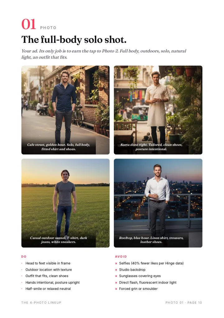 Sample page from the 4-photo lineup section: four labeled example photos with DO and AVOID lists.