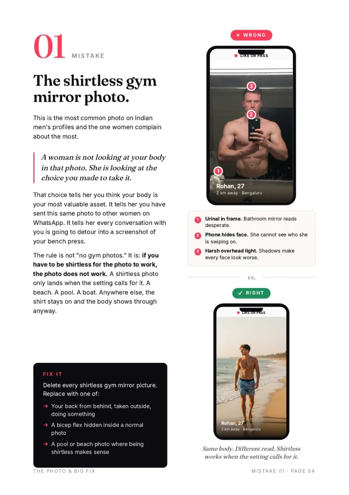 Sample page from the mistakes section: WRONG vs RIGHT phone mockups with a fix-it checklist.