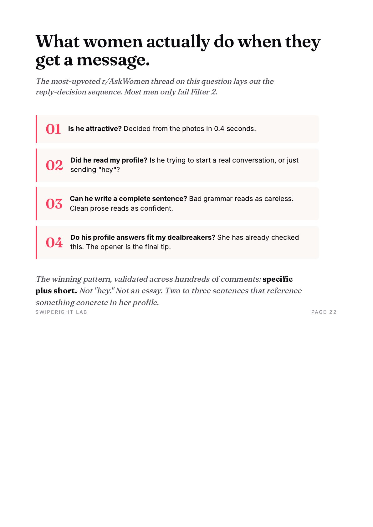 Sample page from the opener scripts section: how women actually decide to reply.