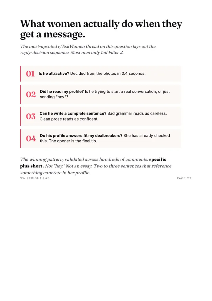 Sample page from the opener scripts section: how women actually decide to reply.