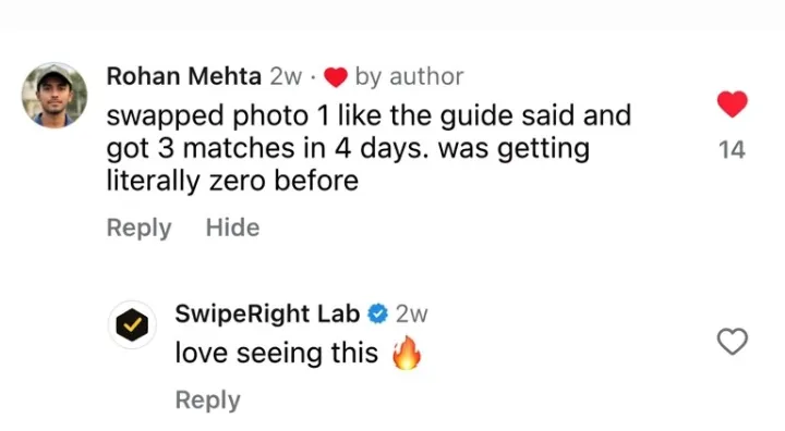 Comment: swapped photo 1, got 3 matches in 4 days